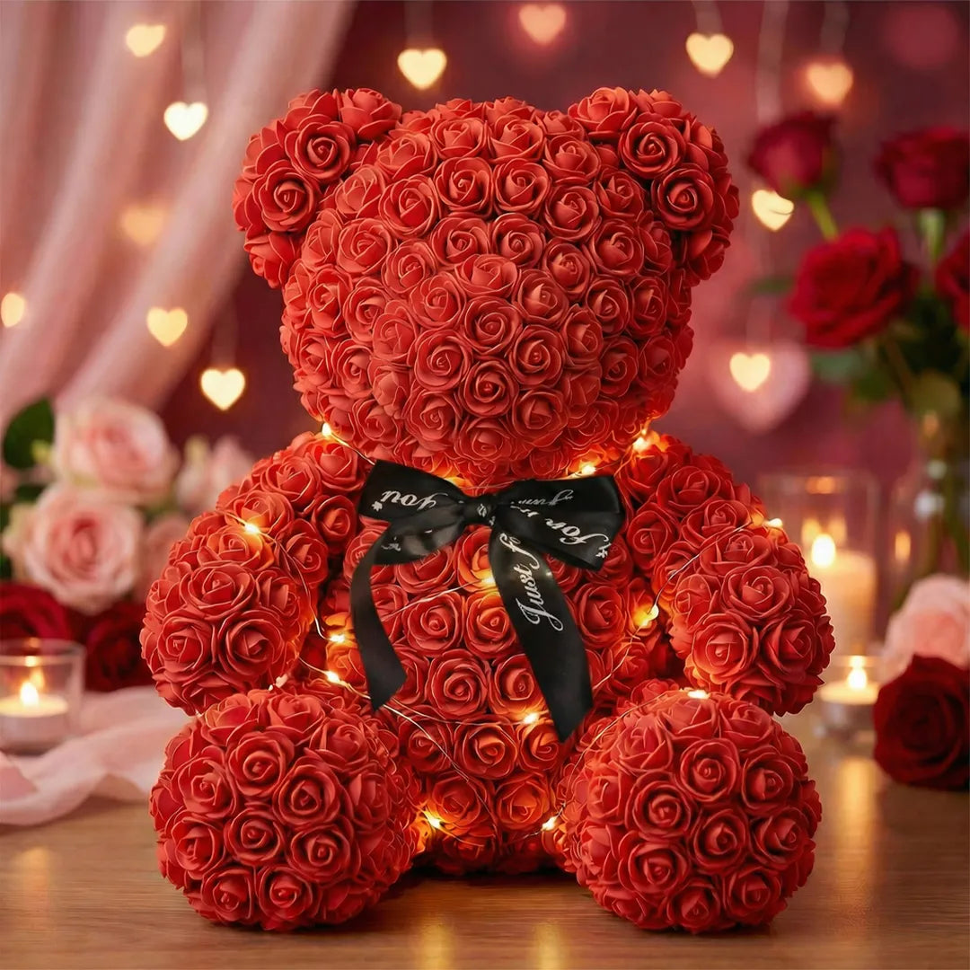 Miś z róż w eleganckim pudełku prezentowym – 22 cm / 35 cm / 35 cm z girlandą LED