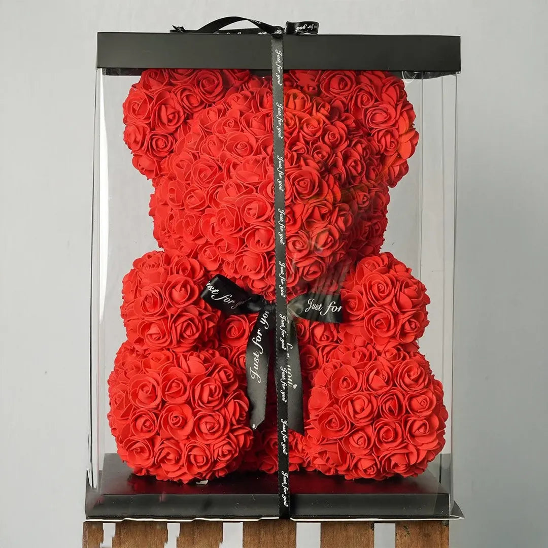 Miś z róż w eleganckim pudełku prezentowym – 22 cm / 35 cm / 35 cm z girlandą LED