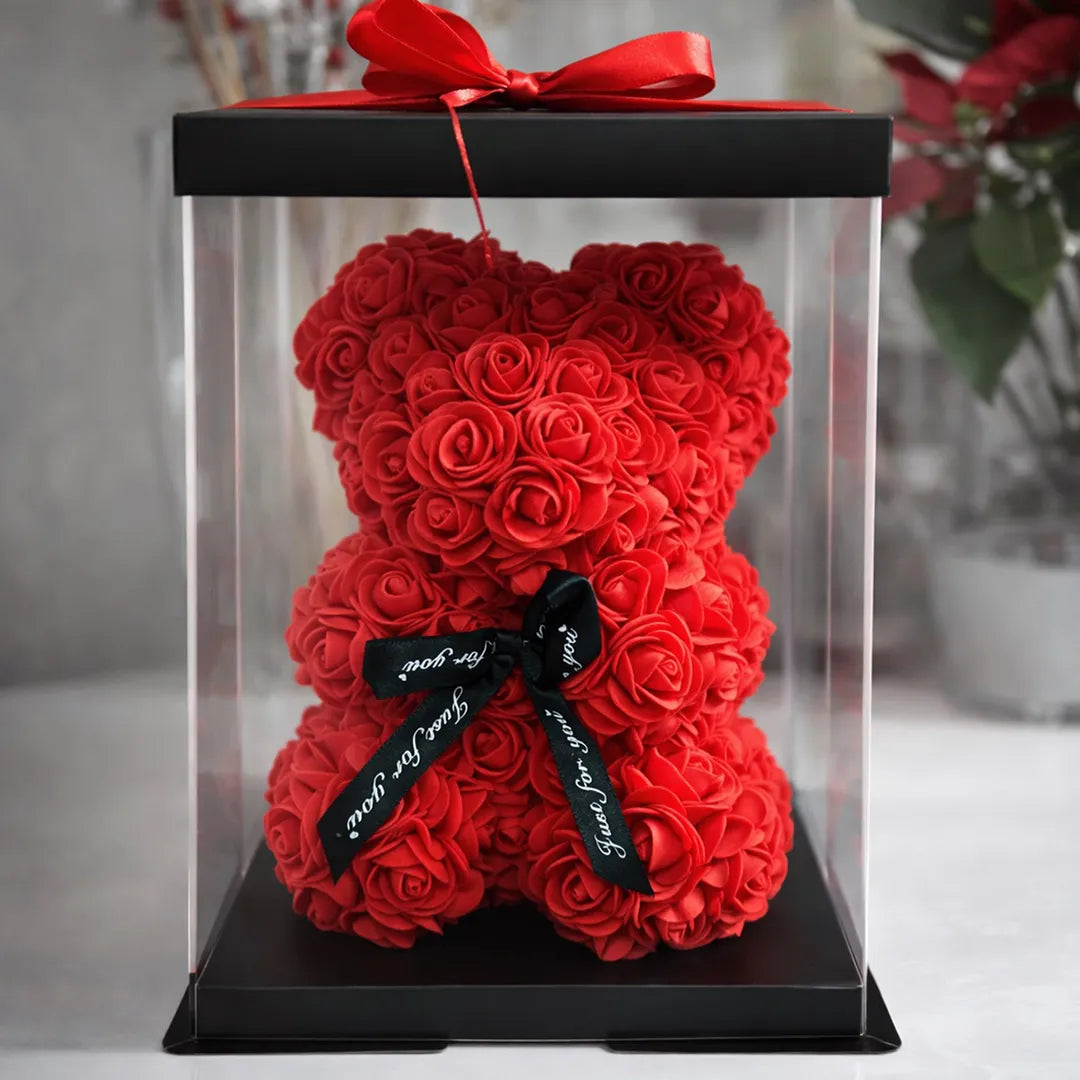 Miś z róż w eleganckim pudełku prezentowym – 22 cm / 35 cm / 35 cm z girlandą LED