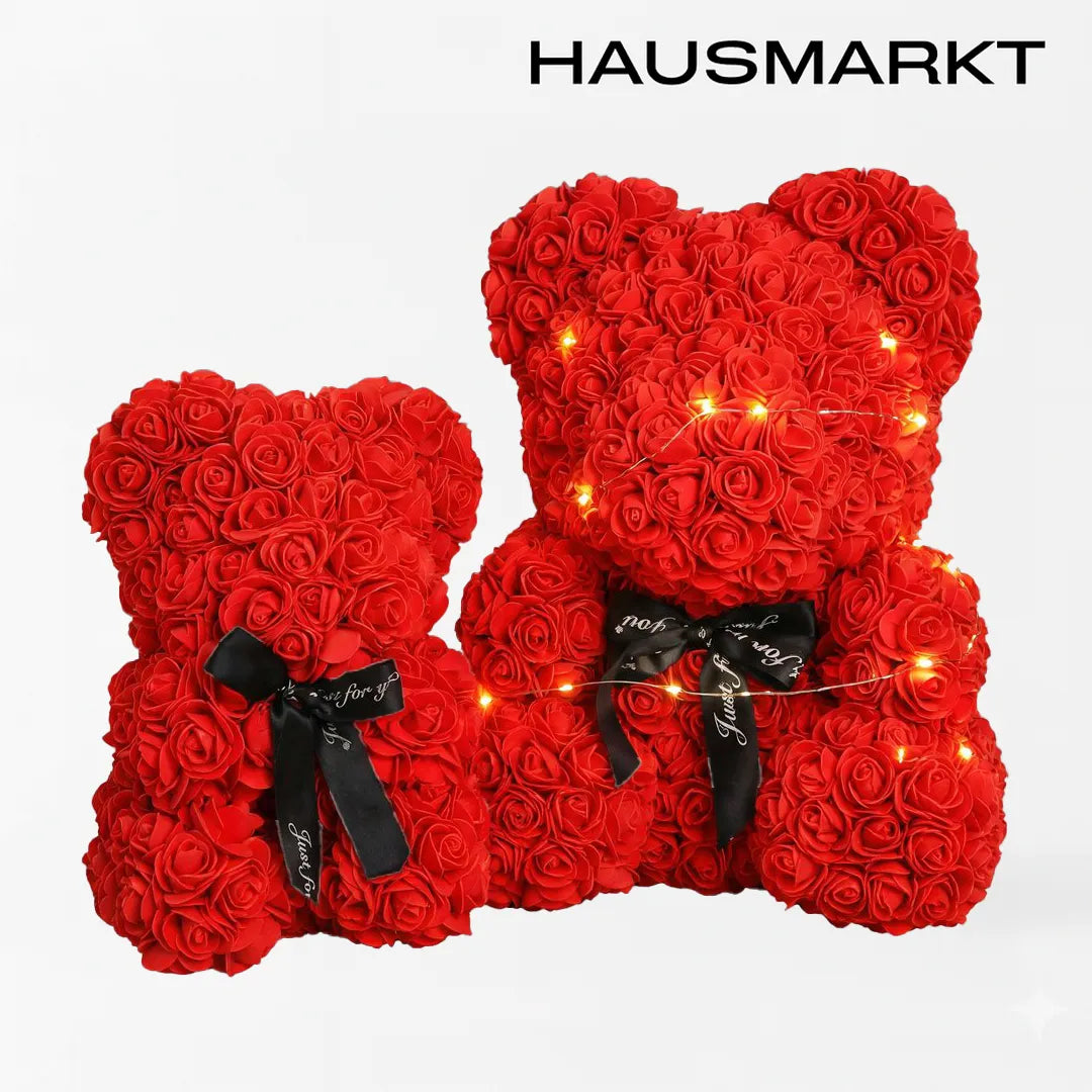 Miś z róż w eleganckim pudełku prezentowym – 22 cm / 35 cm / 35 cm z girlandą LED
